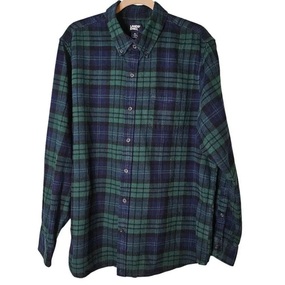 Lands' End mens blue & green cotton flannel shirt. XL. #816